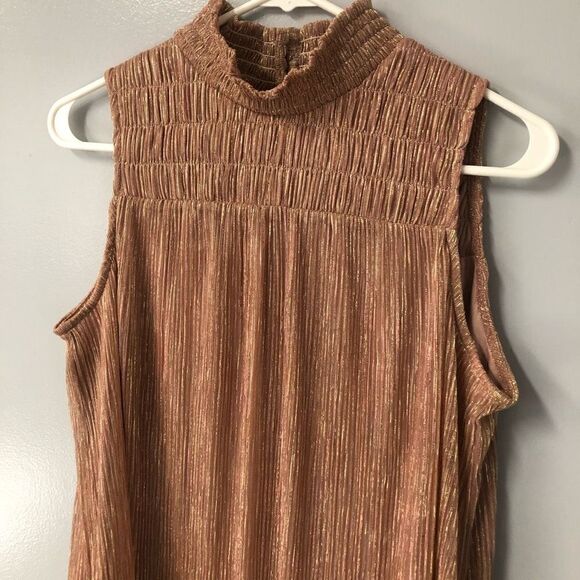 nine west party dress shift pleated mock neck pink and gold metallic size small - Picture 2 of 11